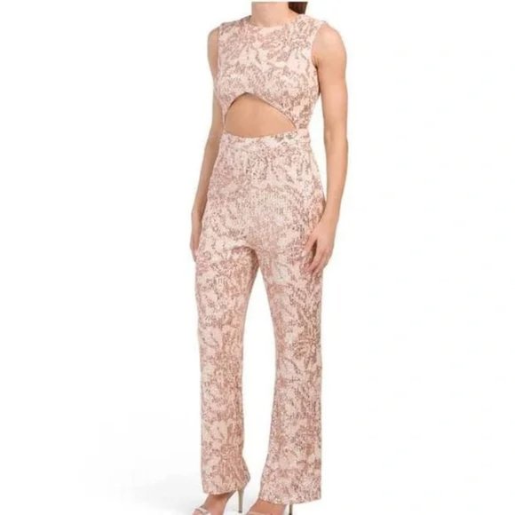 New With Tags SHO by Tadashi Shoji Sz8 CUTOUT SLEEVELESS SEQUIN JUMPSUIT BLUSH - Picture 2 of 7